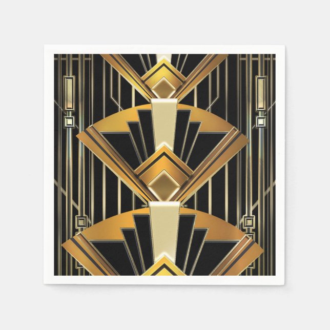 Black & Gold 20's Art Deco Gatsby Glam Wedding Napkins (Front)