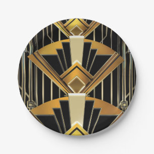 Black & Gold 20's Art Deco Gatsby Glam Wedding Paper Plates