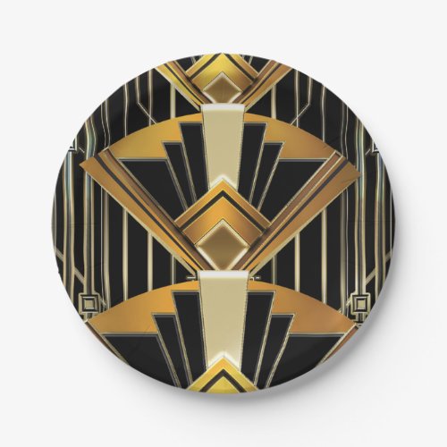 Black  Gold 20s Art Deco Gatsby Glam Wedding Paper Plates