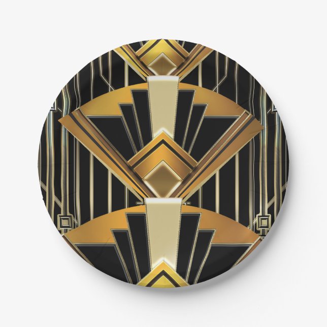 Black & Gold 20's Art Deco Gatsby Glam Wedding Paper Plates (Front)