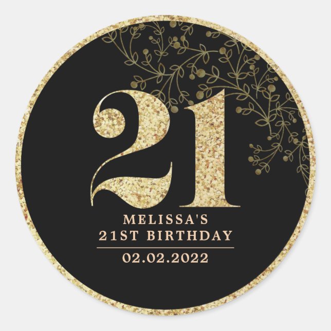 Black & Gold 21st Birthday Party Favor Sticker (Front)