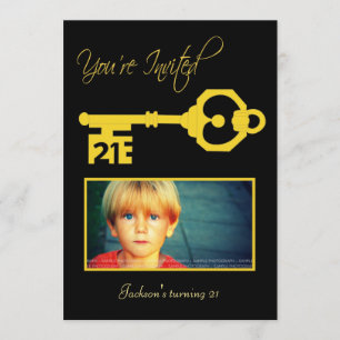 Black & Gold 21st Birthday Party Key Invitation