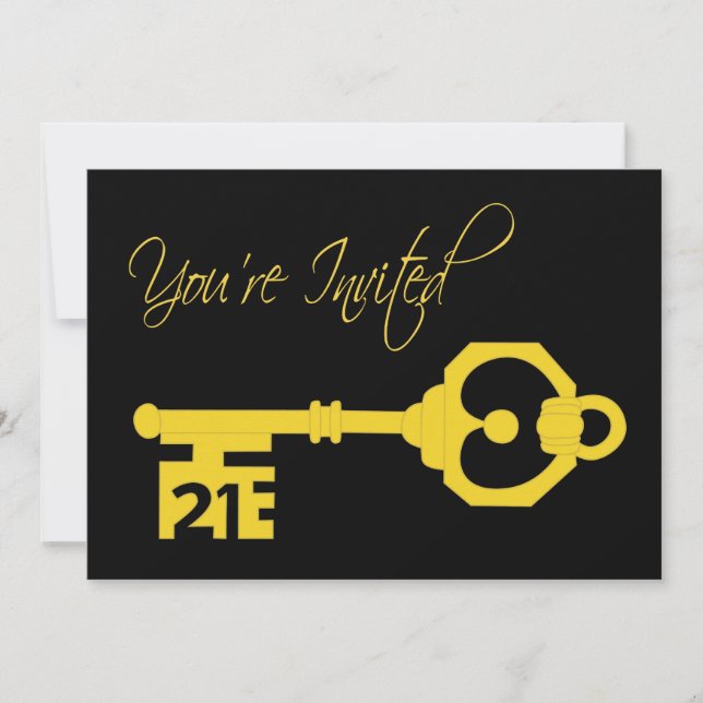Black & Gold 21st Birthday Party Key Invitation (Front)