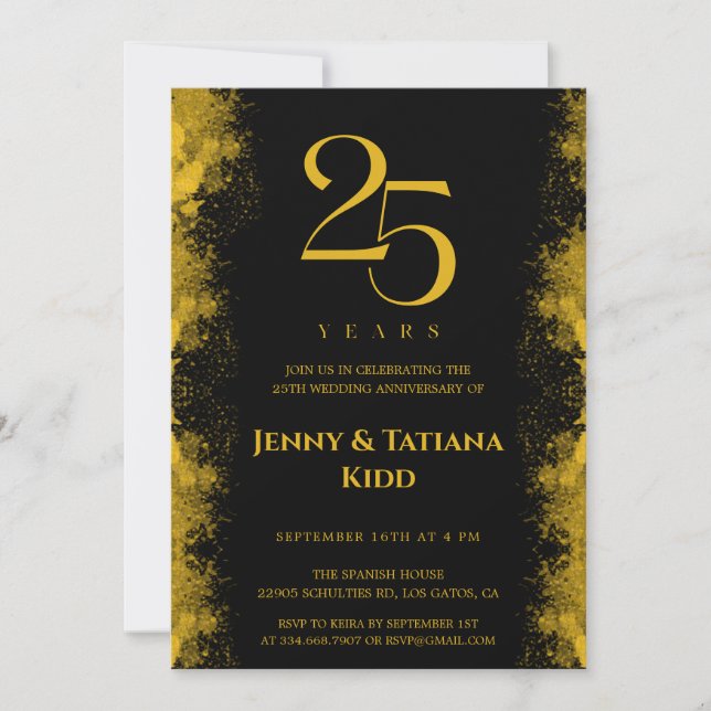 Black & Gold 25th Wedding Anniversary Invitation (Front)