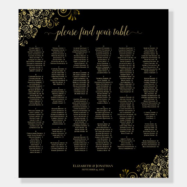 Black & Gold 300 Name Alphabetical Seating Chart Foam Board (Front)