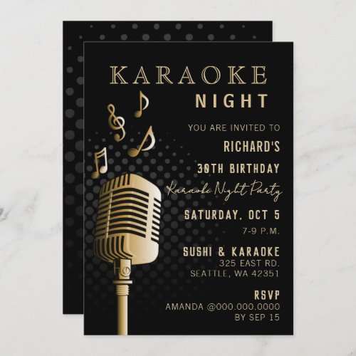 Black Gold 30th Birthday Karaoke Night Party Invitation