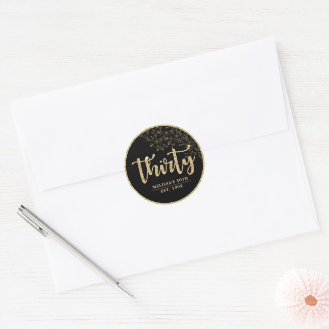 Black & Gold 30th Birthday Party Favor Sticker (Envelope)