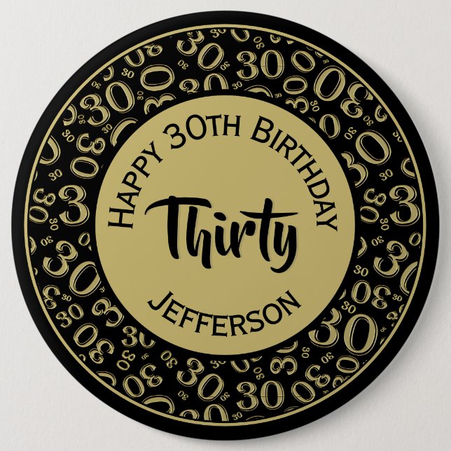 Black/Gold 30th Birthday Party Number 30 Pattern Button (Front)