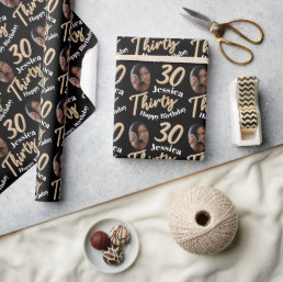Black gold 30th birthday photo wrapping paper