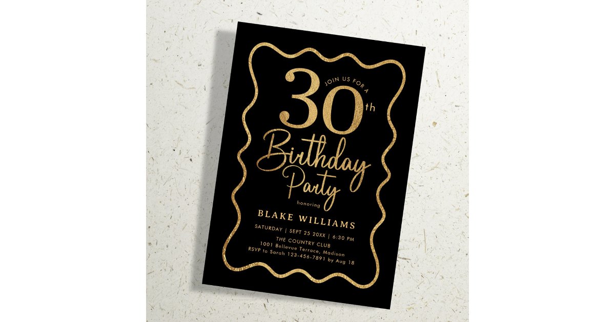 Black Gold 30th Birthday Wavy Border Invitation | Zazzle