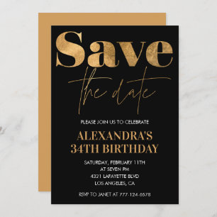 Black Gold 34th birthday invitations Save the date
