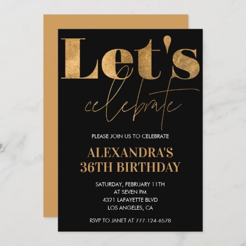 Black Gold 36th birthday invitations Elegant