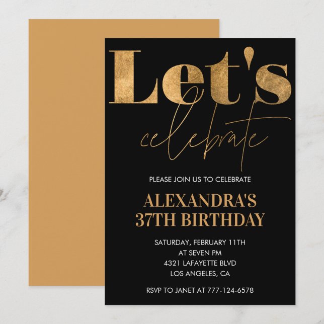Black Gold 37th birthday invitations Elegant (Front/Back)