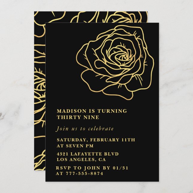 Black Gold 39th birthday invitations Floral (Front/Back)
