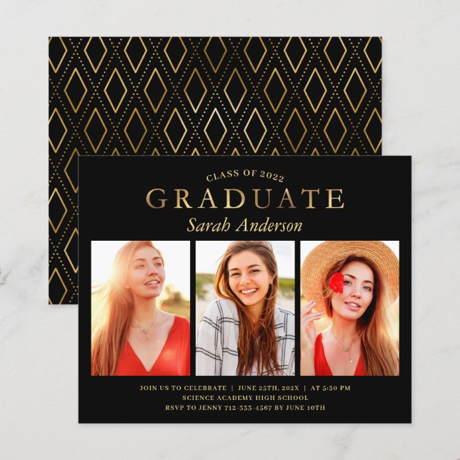 Black Gold 3 Photo Graduation Invitation (Front/Back)