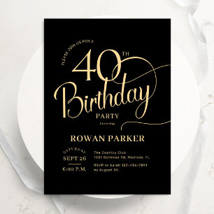 Black Gold 40th Birthday Elegant Script Invitation