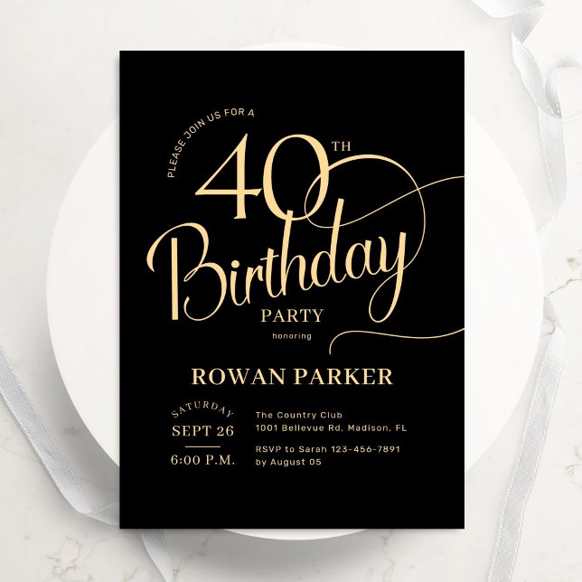 Black Gold 40th Birthday Elegant Script Invitation (Creator Uploaded)