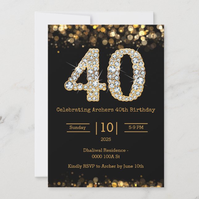 Black gold 40th birthday invitation (Front)