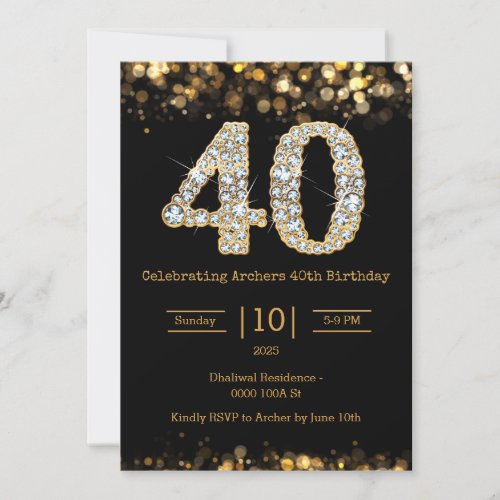 Black gold 40th birthday invitation
