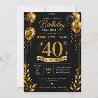 Black Gold 40th Birthday Invitation | Glitter Glam