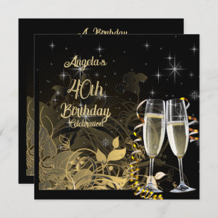 Black & Gold 40th Birthday Party Champagne Glasses Invitation