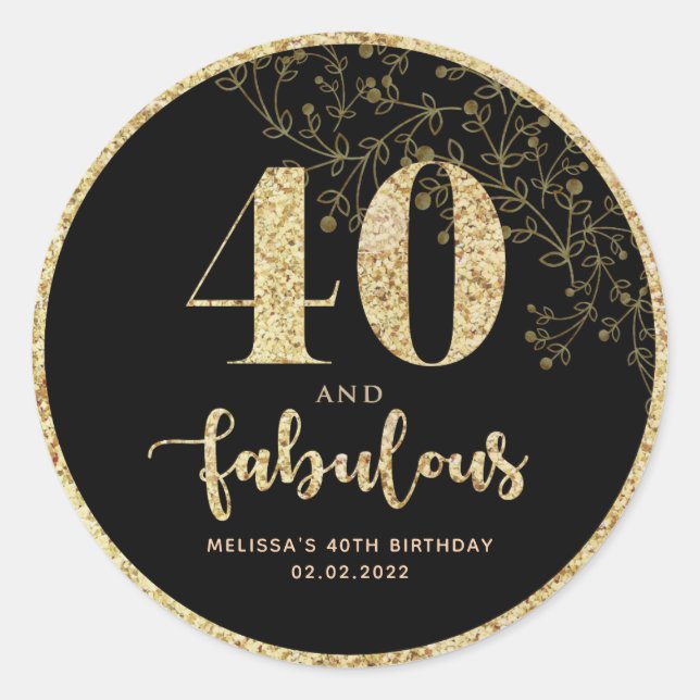 Black & Gold 40th Birthday Party Favor Sticker  (Front)