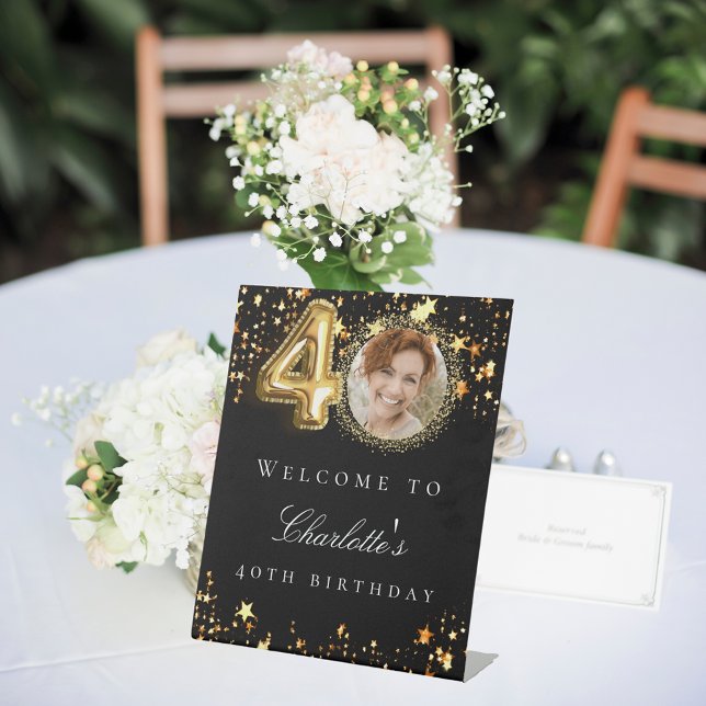 Black gold 40th photo birthday party welcome pedestal sign (Creator Uploaded)