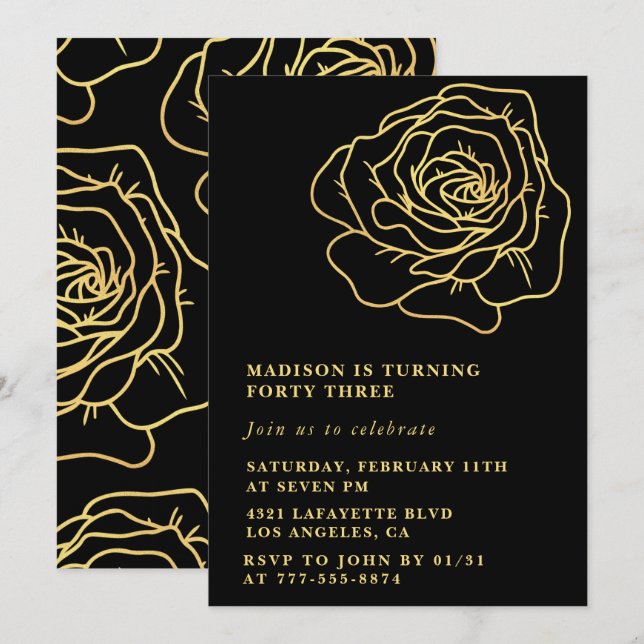 Black Gold 43rd birthday invitations Floral (Front/Back)