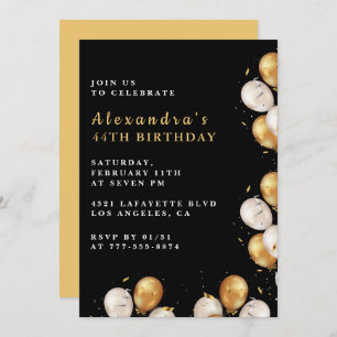 Black Gold 44th birthday invitations Balloon