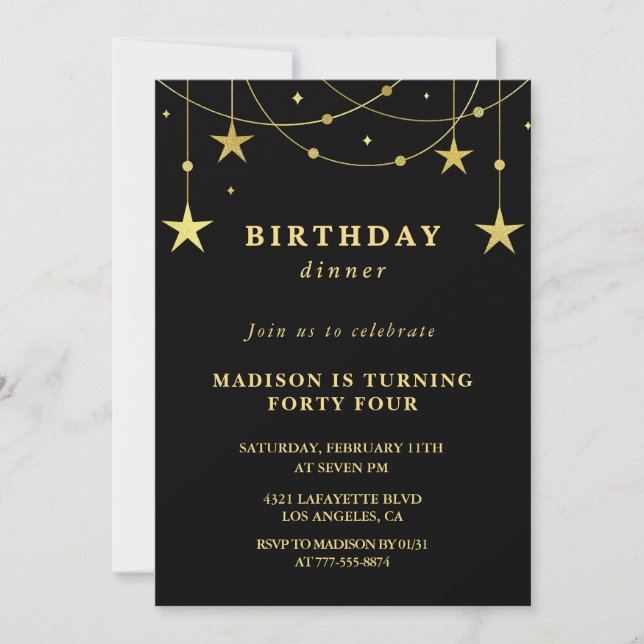 Black Gold 44th birthday invitations  Stars (Front)