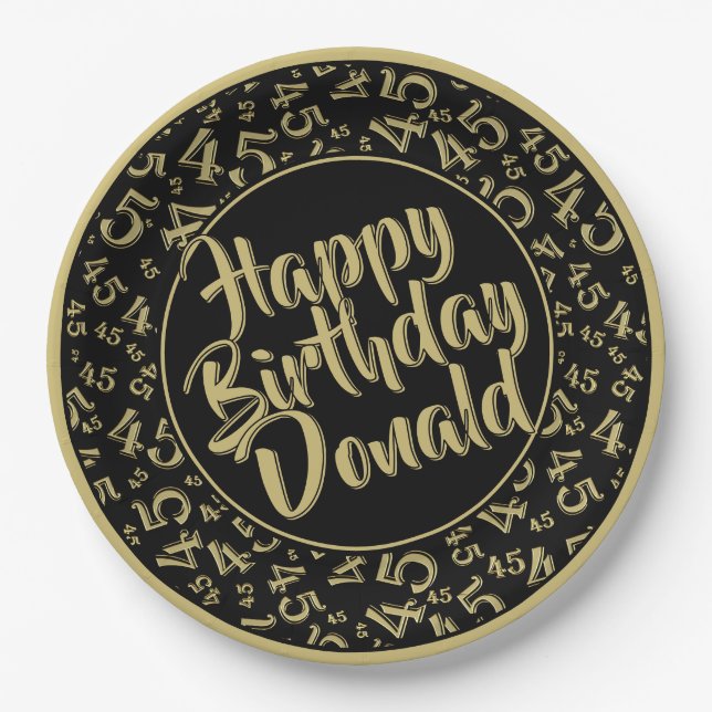 Black/Gold 45th Happy Birthday Number Pattern Paper Plates (Front)