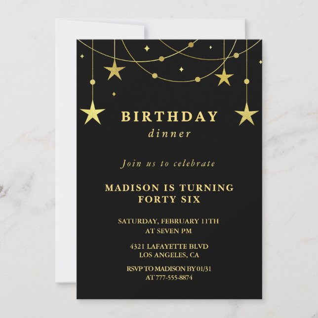 Black Gold 46th birthday invitations  Stars (Front)