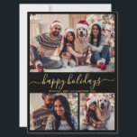 Black Gold 4 Photo Happy Holidays Christmas Card<br><div class="desc">Elegant Simple Modern Black and Gold 4 Photo Collage Happy Holidays Script Christmas Holiday Card. This festive, minimalist, whimsical four (4) photo holiday greeting card template features a pretty grid photo collage and „Happy Holidays” greeting text which is written in a beautiful swirly hand lettering swash-tail font calligraphy or typograhy...</div>
