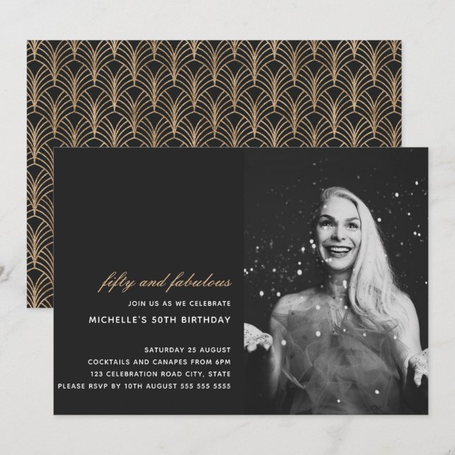 Black Gold 50 and Fabulous Art Deco Photo 50th Invitation (Front/Back)