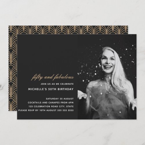 Black Gold 50 and Fabulous Art Deco Photo 50th Invitation