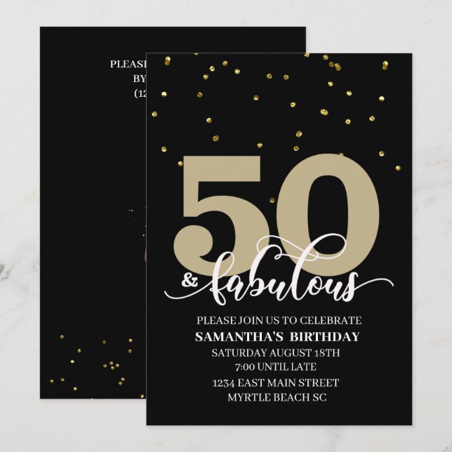 Black Gold 50 and Fabulous Birthday Party  Invitation (Front/Back)
