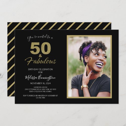 Black Gold 50 and Fabulous Birthday Party Photo Invitation