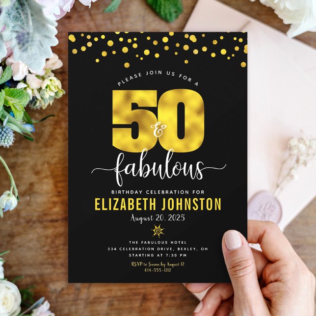 Black Gold 50 Fabulous Birthday Bold Glam Glitter Invitation (Creator Uploaded)