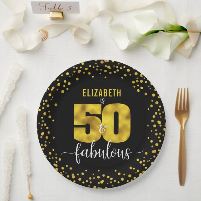 Black gold 50 fabulous birthday glitter dots bold paper plates (Wedding)