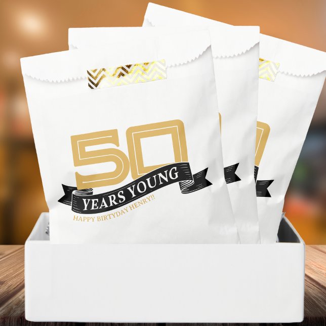 Black & Gold 50 Years Young Banner 50th Birthday Favor Bag (Black & Gold 50 Years Young Banner 50th Birthday Favor Box)