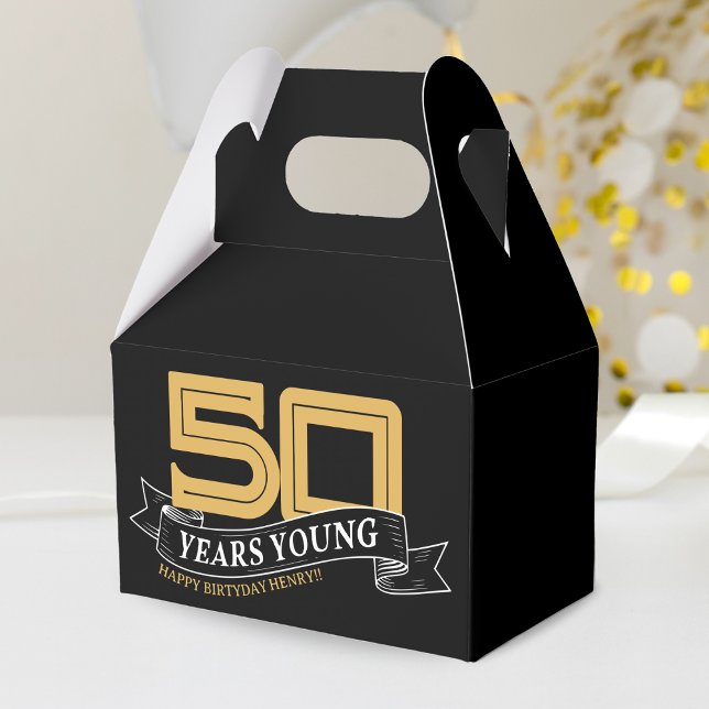 Black & Gold 50 Years Young Banner 50th Birthday Favor Boxes (Black & Gold 50 Years Young Banner 50th Birthday Favor Box)