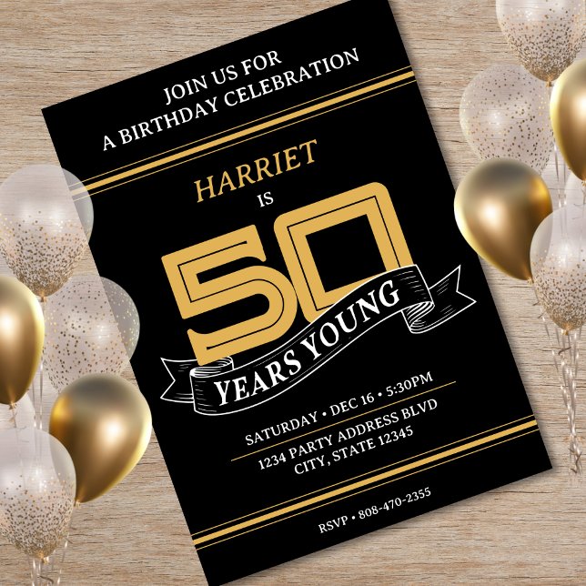 Black & Gold 50 Years Young Banner 50th Birthday Invitation (Black & Gold 50 Years Young Banner 50th Birthday Invitation)