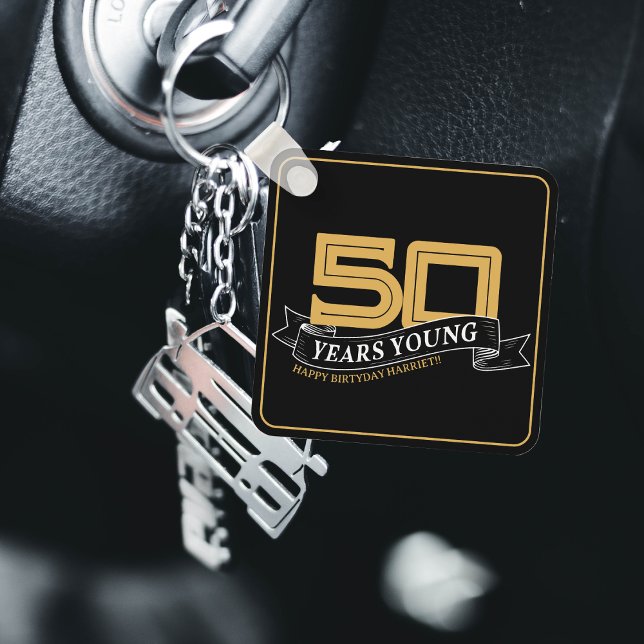 Black & Gold 50 Years Young Banner 50th Birthday Keychain (Black & Gold 50 Years Young Banner 50th Birthday Keychain)