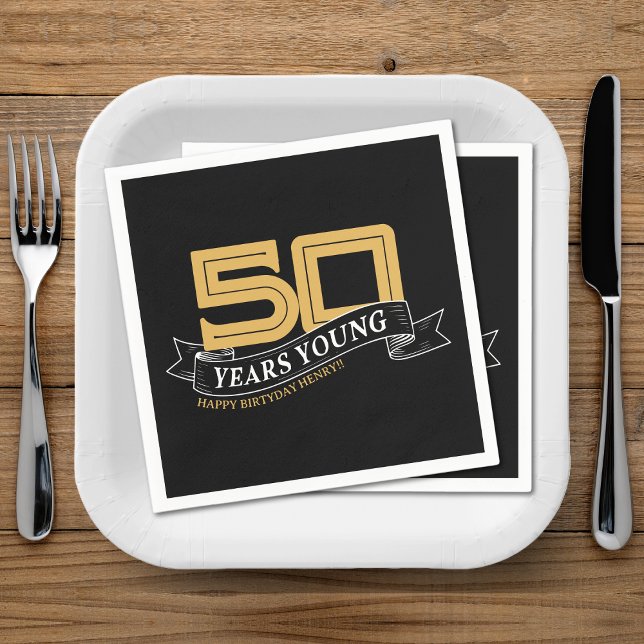 Black & Gold 50 Years Young Banner 50th Birthday Napkins (Black & Gold 50 Years Young Banner 50th Birthday Napkins)