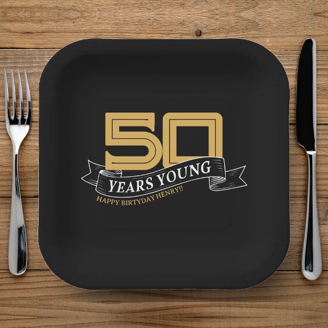 Black & Gold 50 Years Young Banner 50th Birthday Paper Plates (Black & Gold 50 Years Young Banner 50th Birthday Paper Plates)