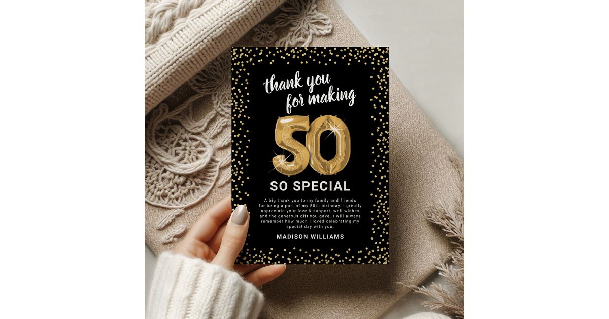 Black Gold 50th Adult Birthday Thank You Card | Zazzle