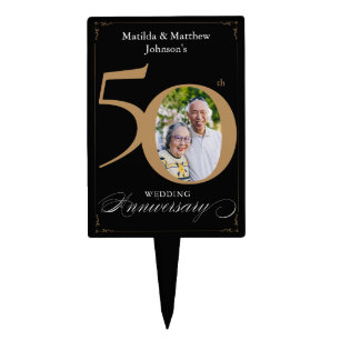 Black Gold 50th Anniversary Script Custom Photo Cake Topper