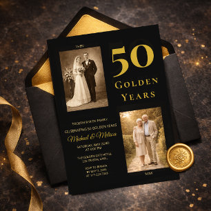 Black Gold 50th Anniversary Then Now Elegant Invitation