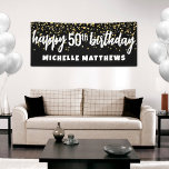 Black Gold 50th Birthday Banner<br><div class="desc">Celebrate a special milestone with this horizontal 50th birthday banner, designed with bold and festive flair. At the top, scattered gold and silver confetti dots bring a fun and celebratory touch, gradually fading into a sleek black background toward the bottom. In the center, “Happy 50th Birthday” is written in a...</div>