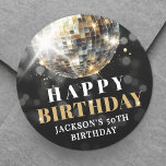 Black Gold 50th Birthday Classic Round Sticker<br><div class="desc">Black Gold Birthday Round Sticker. Add a stylish finishing touch to any birthday celebration with this round sticker featuring a bold black background and chic gold details. "Happy Birthday" is displayed in a mix of white and gold serif fonts for an elegant and celebratory look. Below the greeting, there’s space...</div>